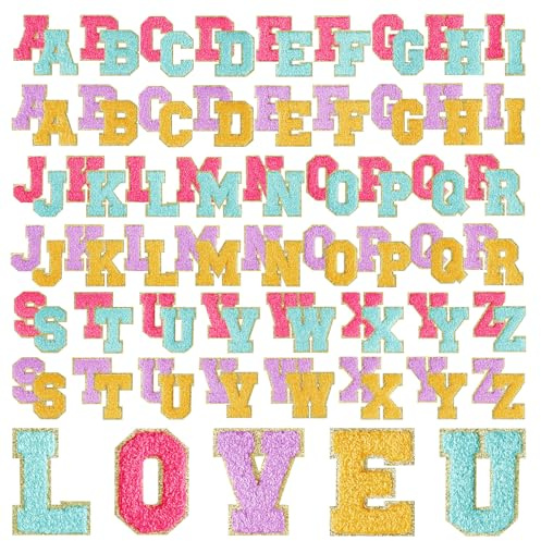 Morcheiong Selbstklebende Chenille-Buchstaben-Aufnäher, Chenille-Buchstaben, Buchstabenaufnäher für Kleidungsstoff (lila, gelb, blau, rosarot), 104 Stück