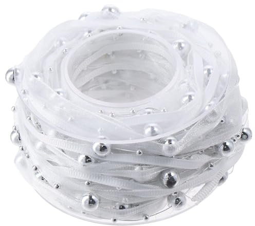 hobbyhub 10 m/11 Yards Künstliche Perle Spitzenband Elegante Perle Chiffon Band Silber Organza Trims Bouquet Band für DIY Handgemachte Hochzeit Weihnachtsbaum Nähen Handwerk Verpackung