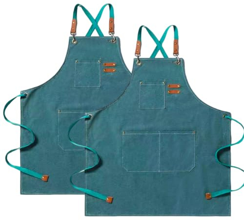 Delantal de Cocina Lienzo (2 Piezas), Delantal de Trabajo con 3 Bolsillos Correa Ajustable Delantale de Barbacoa Impermeable Profesional para Hombre Mujer para Peluquero, Cocina, Jardinero (Verde)