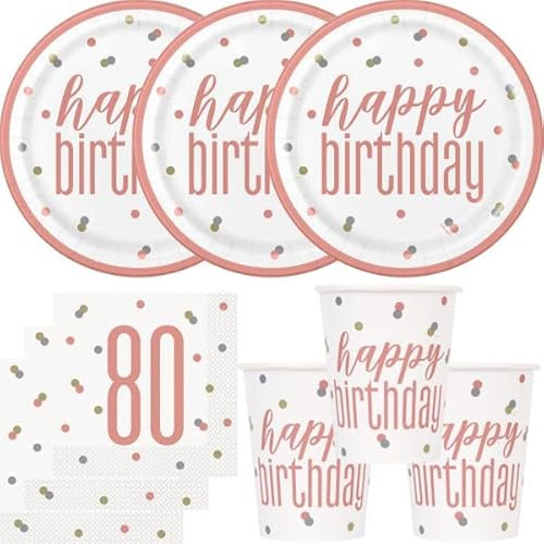 Playflip 80. Geburtstag Partyset Einweggeschirr roségold 48 TLG. Partygeschirr Teller Becher Servietten