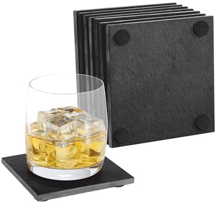 IlGruppone Set 8 Pezzi Sottobicchieri Quadrati in Ardesia 10 x 10 Cm Nero Pietra Naturale Certificati Contatto Alimentare con Gommini Antiscivolo Bar,Birreria,Casa Accessori Decorazione Tavola