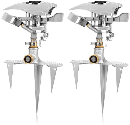 Landhoow Paquete de 2 aspersores de impacto para patio, aspersor de césped resistente con cabeza de metal en base de pico, rociador de agua pulsante ajustable para áreas grandes, patio, césped,