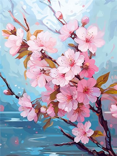 Pintar con Numeros para Adultos, Flores Cerezo Kit de Pintura al óleo de Lienzo DIY para con Pinceles, Primavera Cuadros para Pintar por Numeros para Niños, Manualidades Adultos Decor Hogar 40x50cm