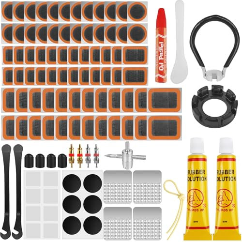 Ysimple 108Pcs Puncture Repair Kit Bike Tyre, Bike Puncture Repair Patches Kit With Spoke Wrench, Bicycle Inner Tube Scabs Tyre Repair Kit for Rubber