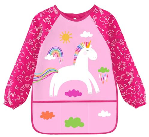 MorLuks Malschürze kinder 3-8 jahre, Malkittel KinderEinhorn rosa, Bastelschürze kinder mit 3 Taschen, Malkittel schule 1, Klasse mädchen, Länge 58cm
