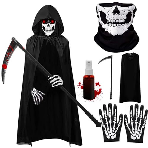 Huahuanghui Sensenmann Kostüm 130CM,VampirKostüm Halloween mit Schädelmaske,Sense,Handschuhen,Kunstblut,Reaper Kostüm, Halloween Umhang mit Kapuze für Karneval Mottoparty (Kinder)