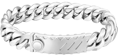 KRKC&CO 12mm Herren Armband mit Rechteck Verschluss, Panzerarmband mit Beschichtung, breite dicke Edelstahl Cuban Armband, Hip Hop Wikinger Biker Schmuck Geschenk für Männer Jungs [Länge 19cm]