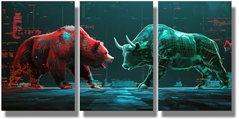 LSIUHWUWI 3 Pieces Red Digital Bear and A Green Wireframe Bull Wall Art Stock Market Bull Vs Bear Sign Poster Trading Investor Canvas Trader Prints for Office Wall Decor 48x24 inches