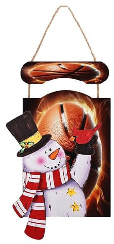 Christmas Snowman Wooden Sign, Basketball On Fire Print Festive Hanging Board for Home Decor, Front Door Ornament, Holiday Decoration