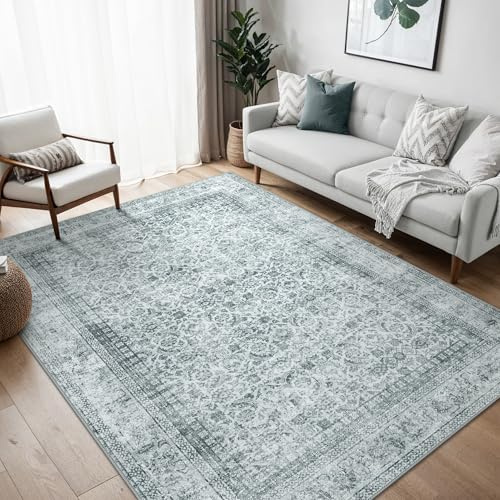BEIMO Washable Rug 150x210cm, Non Slip Boho Area Rugs for Bedroom, Mamluk Design Carpets for Living Room Low Pile Rug, Oriental Slate Blue, Sage Green, Misty Grey