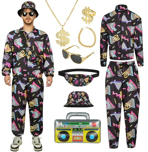 AYBUY Disco Set de Nueve Piezas, Que Incluye Camisa de Manga Larga, Pantalón, Sombrero, Cinturón, Collar, Pulsera, Anillo, Gafas de Sol y Radio Inflable para Fiesta de Los 70 (M-Negro)