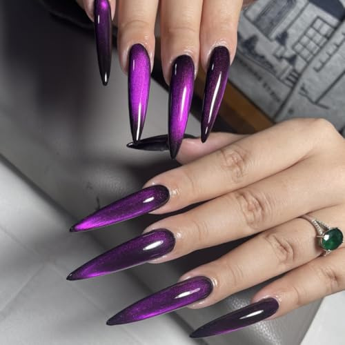 MouyouGlow Press on Nails Long,Stiletto Einfarbig Cat Eye Dunkel Lila Magnetic Plain Fake Nails mit Nagelkleber,Purple Phototherapy Künstliche Fingernägel