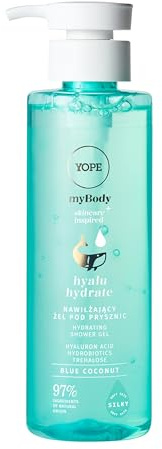 YOPE Blå kokos | myBODY Hyalu Hydrate fuktgivande duschgel med hyaluronsyra | pH mild formel neutral | För torr och uttorkad hud | Naturlig, vegan, miljövänlig | 300 ml