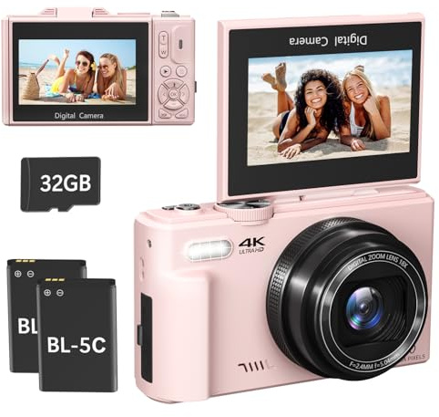 4K Digital Camera for Photography, 64MP Compact Vlogging Camera with WiFi and 3 180° Flip Screen, 18X Digital Zoom, Ideal for YouTube Creators, Includes 2 Batteries & 32GB Micro SD Card, Pink