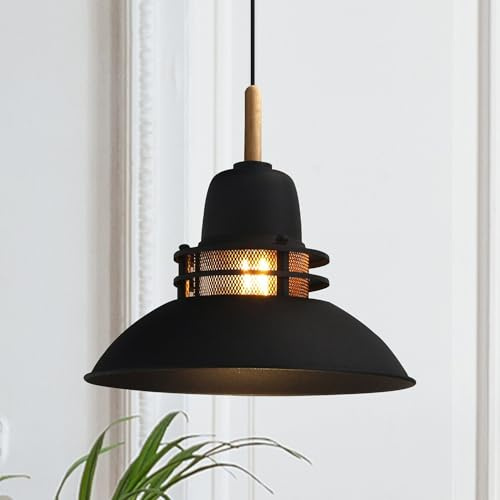 bamyum Torchia Hängelampe Esstich Holz Ø34 cm, Pendelleuchte Vintage, Hängelampe Industrial aus Metall und Holz E27, Wohnzimmerlampe Hängend Vintage, Wohnzimmer, Küchenlampe Schwarz