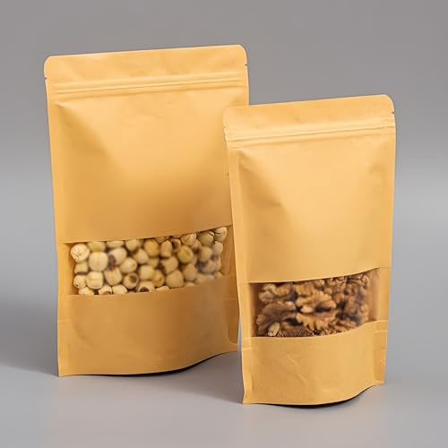100Pcs Kraft Paper Bag with Window,Sealed Brown Stand Up Pouches 10x15cm | resealable food packaging bag for sweets,nuts,coffee beans,candy,tea leaves