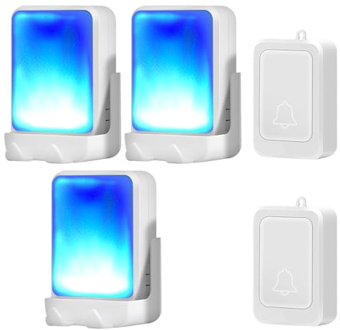 Sonnette sans fil avec 7 couleurs de lumière vive et 4 réglages de volume, portée de 180 m, idéale pour les malentendants, comprend 2 émetteurs et 3 récepteurs pour la maison ou le bureau