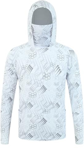 Générique T Shirt Anti UV Homme Capuche UPF50+ Chemise de pêche à Manches Longues Sweat à Capuche Protection Solaire Tee Shirt Anti-UV Respirant à Séchage Rapide (Masque Intégré)