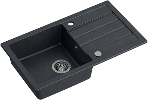 QUADRON Granitspüle Einbeckenspüle | Größe 77 x 44 x 17,5, Farbe: Schwarz | JERRY 111 Einzelbecken Küchenspüle | Granit Spülbecken | mit manuellem Siphon und Abtropffläche