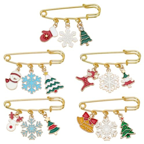 AHANDMAKER Lot de 5 broches de Noël en fer avec pendentifs en alliage émaillé - Bijoux tendance - Accessoire de décoration pour femmes et filles - Pour vêtements, robes, sacs, chapeaux, cadeaux de
