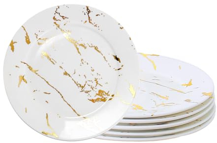 Loymokinar 6-Piece Ceramic Plates Set - 8 Inch White Marble-Pattern Appetizer & Dessert Plates with Gold Rim, Microwave and Dishwasher Safe