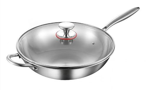 Padella antiaderente da 32 cm, in acciaio inox 316L, fondo piatto con orecchie laterali, coperchio in vetro con manico rimovibile, perfetta per fornelli a gas e induzione