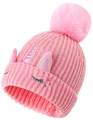 Cheerful Mario Baby vintermössa flicka stickad mössa 3–9 år gammal med Pom Pom Pom Varm Mössor Mjuk Söt Fleece Foder, Rosa-A, one size