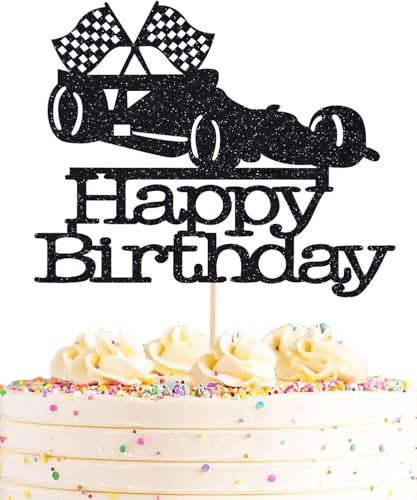 VGRDTW FI Cake Topper, Car Cake Decorations, Race Car Birthday Cake Topper - Black Glitter Racing Theme Party Supplies, 14cm x 11.5cm Single Piece Decoration