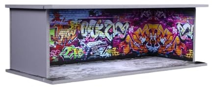 harayaa Modellauto Vitrine 1/64 Maßstab Sammlervitrine mit Led Parkhaus Garage Diorama Acryl Schiebetür Staubschutz PVC für Büro Wohnung Schreibtisch Dekorati, Graffiti-Wand