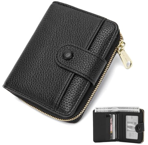 Women's Small Leather Wallet, Card Holder Ladies Wallets for Women, Bifold Leather Card Wallet Organizer, Minimalist RFID Blocking Wallet with Zipper Coin Pocket with Multiple Card Slots (Black)