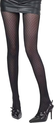 HIQUACC Rhombic Patterned Tights for Women High Waist Semi-Sheer Pantyhose Stockings (Small Grid Black)