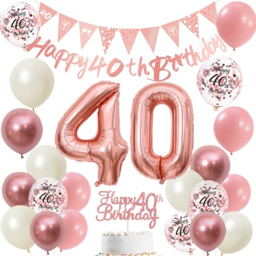 40. Geburtstag Deko Frauen Rosegold Happy 40th Birthday Banner Luftballon, Zahl 40 Folienballon, Tortendeko für 40 Geburtstagsdeko Frau