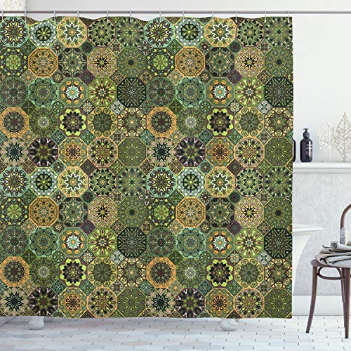 ABAKUHAUS Mandala Duschvorhang, Oriental Floral Octagon, Stoffliches Gewebe Badezimmerdekorationsset mit Haken, 175 x 200 cm, Grün Orange