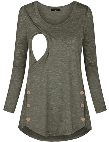 Plus Size Maternity Clothes, Quinee Latched Mama Long Sleeve Nursing Shirts for Breastfeeding Cute Button Detail Womens Casual Pregnancy Tunic Fall Postpartum Tops Olive Green L