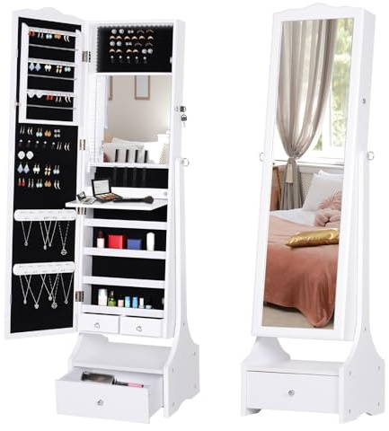 HOMCOM Jewellery Cabinet with led, mirroir Cabinet Armoire Floor Standing Flip-over Makeup Shelf Organizer with lock white