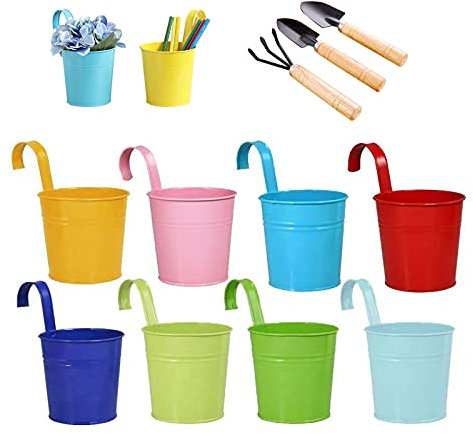 Koomuao Hängetöpfe Metall Set 8 Stück Blumentöpfe zum Aufhängen,Pflanztopf Bunt Blumentöpfe Für Heimtextilien Im Innen- und Außenbereich（3 Mini-Schaufel Set