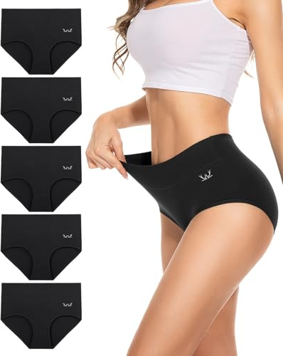 PULIOU Womens Knickers Ladies High Waisted Cotton Underwear Panties Briefs Full Back Coverage Comfy Stretchy Slight Tummy Contorl Multipack of 5,black,M