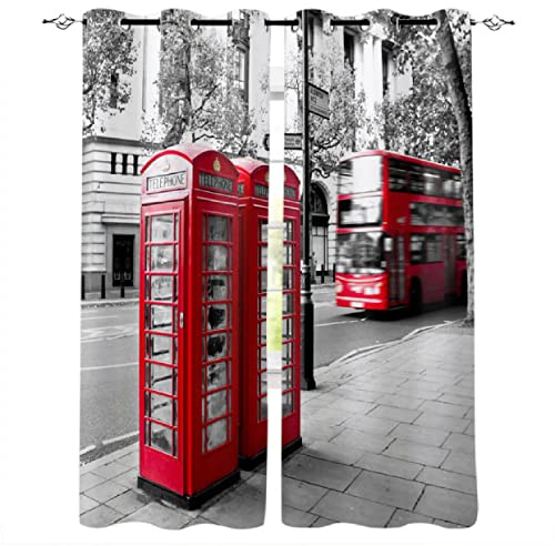 MYQF Kinder Vorhang Blickdicht Thermovorhang London rote Bustelefonzelle Polyester Gardinen Thermovorhang Blickdicht Ösenschal Kindergardinen für Wohnzimmer Schlafzimmer 220x215cm