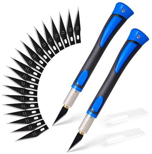 FOSHIO 2 Stück Skalpell Messer Set Bastelmesser SkalpellSet Basteln mit 20 pcs Ersatzklingen und Schutzkappe, Cuttermesser Profi,Cutter klingen für Folien, Papier, Blau