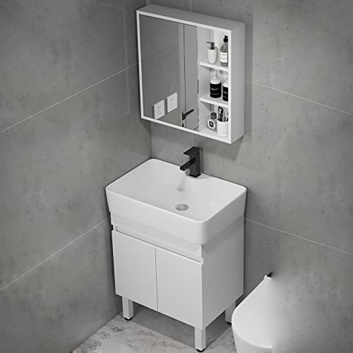 Badezimmer-Waschbecken-Kombination, Stehendes Modernes Weißes Schrankset, Keramik-Waschbecken, Verchromter Wassersparender Warm- und Kaltwasserhahn, mit Spiegelschrank ( Size : 59x39x87cm/23.2x15.4x34