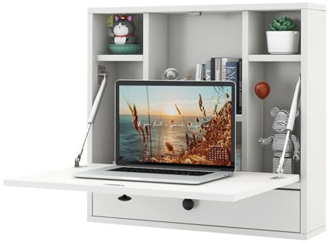 GIANTEX Wandklapptisch Wandtisch klappbar, Klapptisch Wandschreibtisch Holz mit Ablagefächern & Schublade, klappbarer Schreibtisch Computertisch Wandmontage, 60x15x57 cm (Weiß)