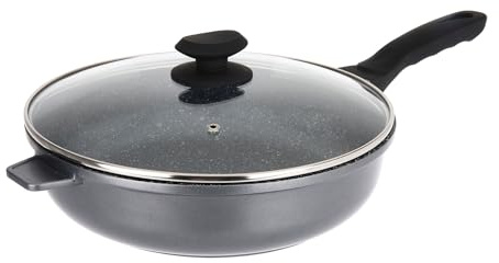 Sitram 714221 Sauteuse Fonte Aluminium Intérieur effet Pierre Ø28 cm, H7 cm - Revêtement anti-adhésif 2 couches sans PFOA, Couvercle Vapeur en Verre, Manche soft touch - Tous feux dont induction