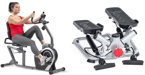 Sunny Health & Fitness Exercise Bikes, Magnetic Recumbent Bike + Advanced Twist Stepper Machine with Resistance Bands, Portable Mini Stair Stepper