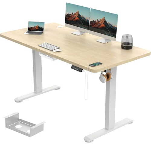 Devoko Höhenverstellbarer Schreibtisch 140x70 cm, 3 Memory-Handsteuerung mit USB-A, Elektrischer Schreibtisch Höhenverstellbar mit 18 MM Tischplatte, Sitz-Stehpult für Büro Homeoffice,Beige