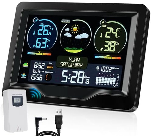 Coikes Weather Stations Wireless with Outdoor Indoor Sensor Digital Large LCD Weather Station with Temperature, Humidit, Forecast, Barometric, Moon Phase, Alarm Clock for Home Indoor Outdoor