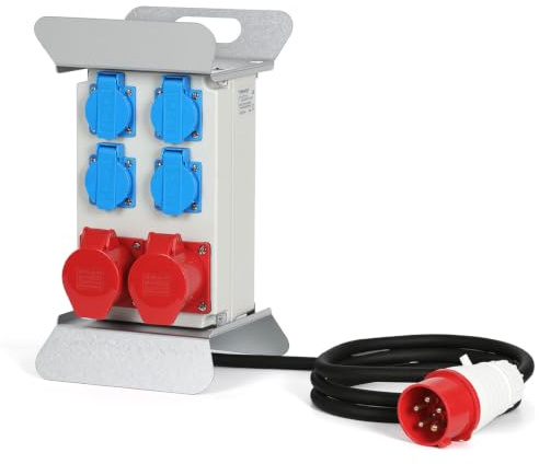Herrselsam Stromverteiler, 2x CEE 16A 400V + 4x 230V Schuko IP44 5-polig mit 2,5m Stromversorgungskabel, Baustelle innen-außen