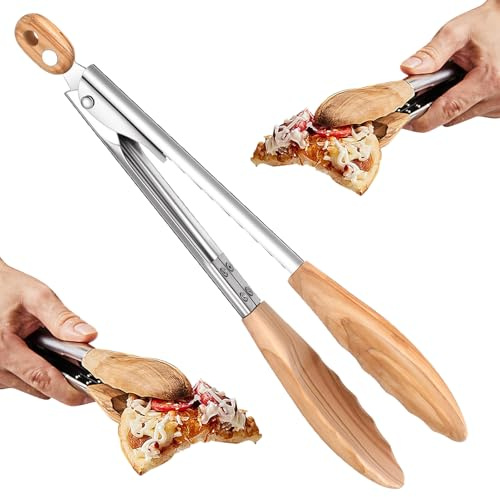 Olivenholz Zange, Grillzange Edelstahl mit Olivenholzspitzen, Zangen zum Kochen, Grillzange, Küchenzange aus Olivenholz, zum Servieren von Speisen, Grillen, Kochen und Salatschwenken