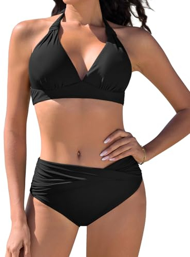 Nadeer Women's Bikini Set Two Piece Swimsuit Sexy Halter Neck Bathing Suit Mid-High Waisted Vintage Swimwear Black