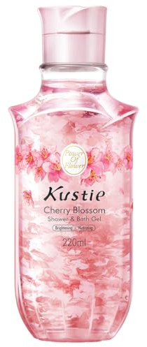 Kustie Gel Douche Éclaircissant aux Fleurs de Cerisier - Gel Lavant Antioxydant avec Vrais Pétales et Huiles Essentielles - Hydratation Profonde, Parfum 24h - Pour Peaux Sèches et Sensibles, 220ml