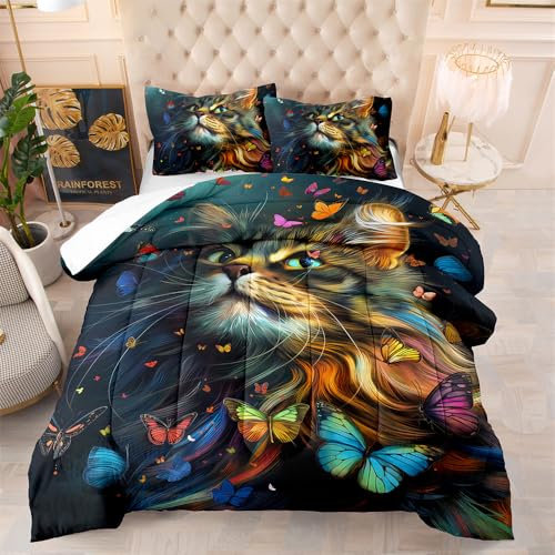 Bettdecke 140X200 Bunte Katze Bettdecken 200Gsm,Dünne Und Leichte Duvet,4 Jahreszeiten Bettdecken,Weiche Mikrofaser Bettdecke Mit 2 Kissenbezüge,Warm Steppbettdecke Für Allergiker